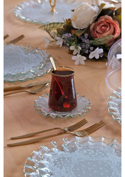 Lace Şeffaf Altın Yaldızlı 6 Kişilik Cam Çay Tabağı Takımı