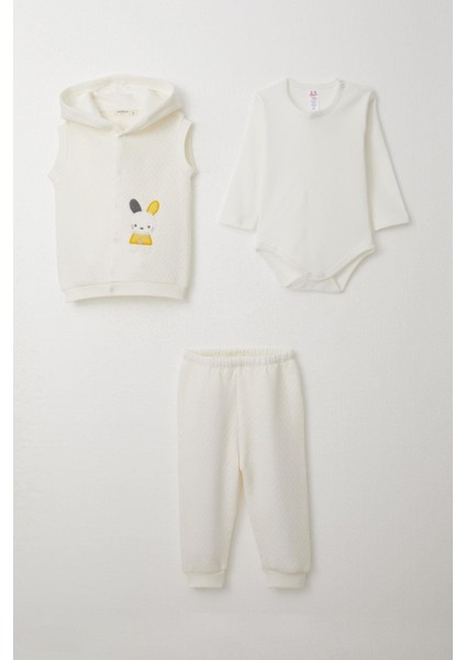 Erkek Bebek Zıbınlı 3 Lü Takım Tavşancık Nakışlı Kapüşonlu 4 Ay-1 Yaş, Ekru
