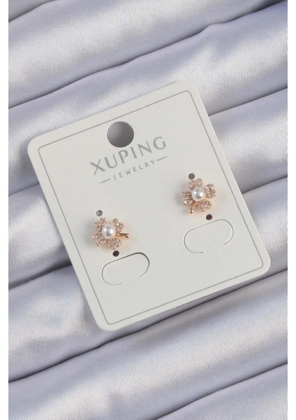 E-Bijuteri Xuping Rose Gold Renk Zirkon Taşlı Incili Yonca Küpe