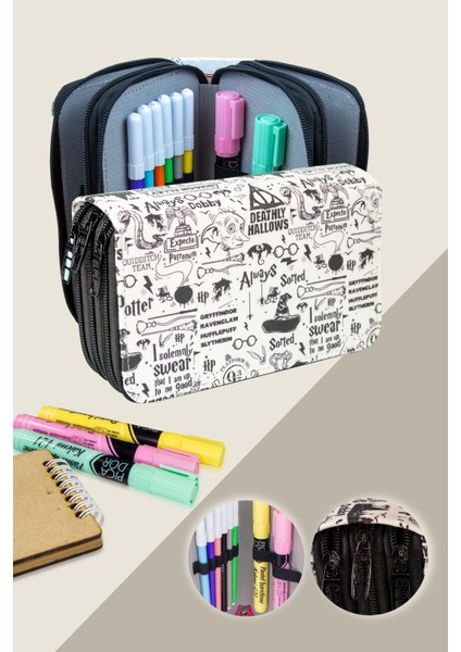 Kalem Kutusu Harry Pottery Temalı Orginazer Üç Bölmeli Vegan Deri (Kalemlik)