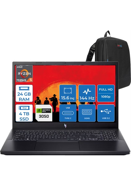 Nitro V15 ANV15 Ryzen 5 7535HS 24GB Ddr5 4tb SSD 6GB/RTX3050/75W 15.6" Fhd 144Hz Windows 11 Pro Dizüstü Bilgisayar 41R5QLP07 + Zettaçanta