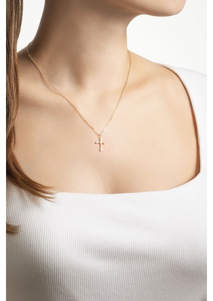 Minimal 18 Ayar Sarı Altın Kaplama 44 cm Gümüş Cross Kolye
