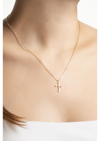 Minimal 18 Ayar Sarı Altın Kaplama 44 cm Gümüş Cross Kolye