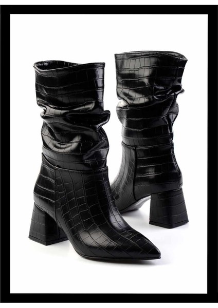 Siyah Kroko Kadın Bot & Bootie K02992152011