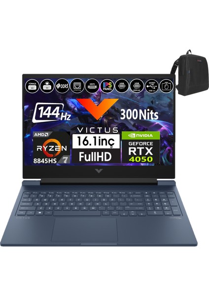 Victus 16-S1023NT Amd Ryzen 7-8845HS Aı 96GB Ddr5 1tb SSD 6GB/RTX4050 Freedos 16.1" 144Hz Fhd Taşınabilir Bilgisayar 99Z795EA18+WEBLEGELSINÇANTA