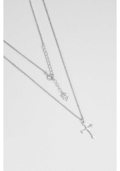 Minimal 18 Ayar Beyaz Altın Kaplama 44 cm Gümüş Cross Kolye
