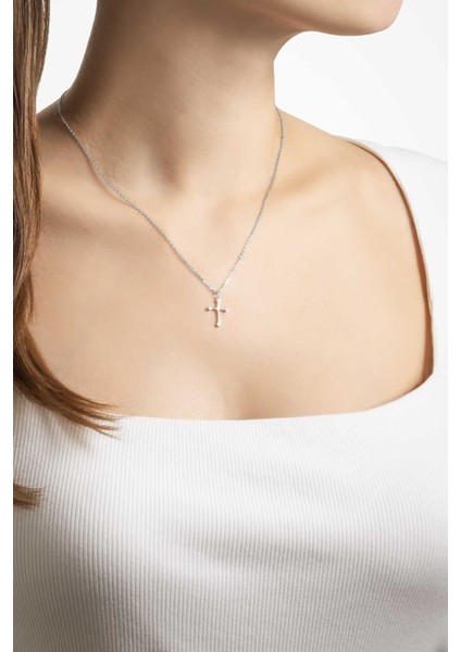 Minimal 18 Ayar Beyaz Altın Kaplama 44 cm Gümüş Cross Kolye modelleri