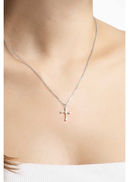 Minimal 18 Ayar Beyaz Altın Kaplama 44 cm Gümüş Cross Kolye fırsatları