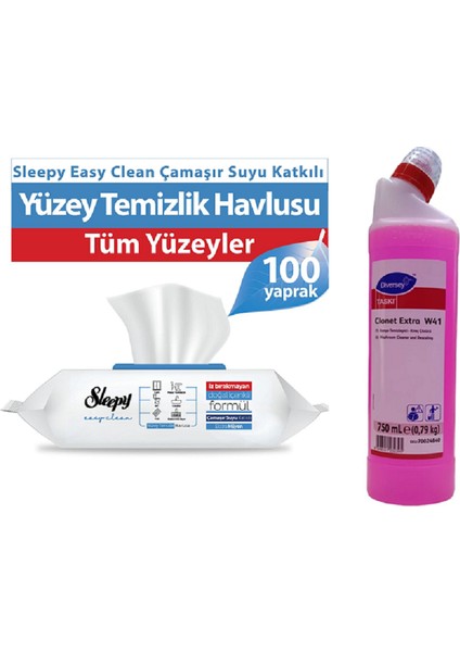 Clonet W41 750 ml + Sleepy Easy Clean Çamaşır Suyu Katkılı Yüzey Temizlik Havlusu 100 Yaprak