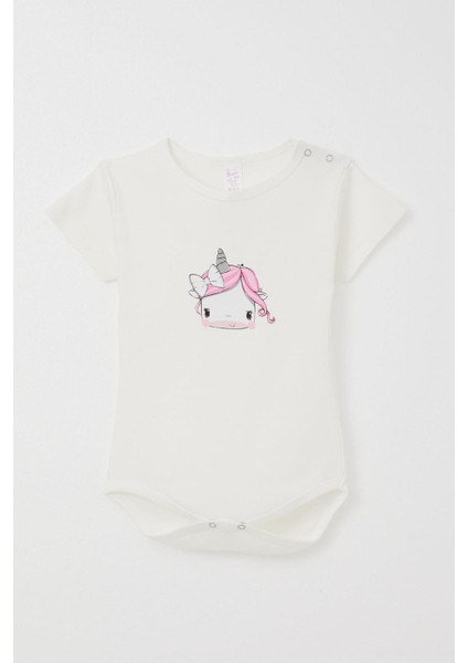 Kız Bebek Çıtçıtlı Zıbın Body Unıcorn Baskılı 9 Ay-3 Yaş, Ekru