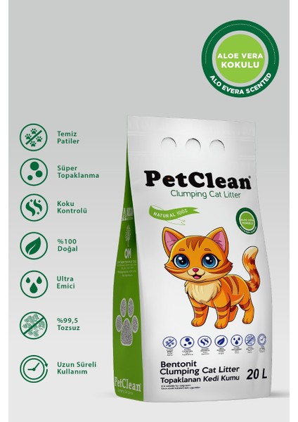 20 Litre Aloe Vera Kokulu Ince Taneli Ultra Topaklanan Tozsuz Kedi Kumu