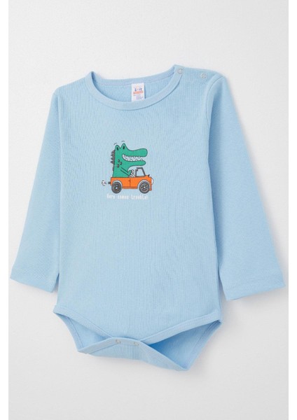 Erkek Bebek Çıtçıtlı Zıbın Body Şoför Timsahcık Baskılı 9 Ay-3 Yaş, Mavi