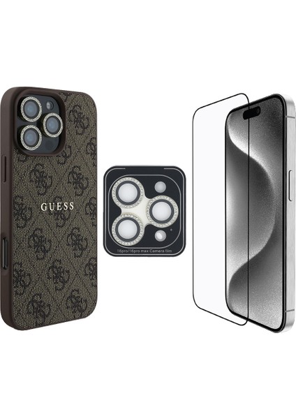 iPhone 16 Pro Max Guess Lisanslı 3in1 Aksesuar Seti Kılıf + Ekran ve Lens Koruyucu Kahverengi