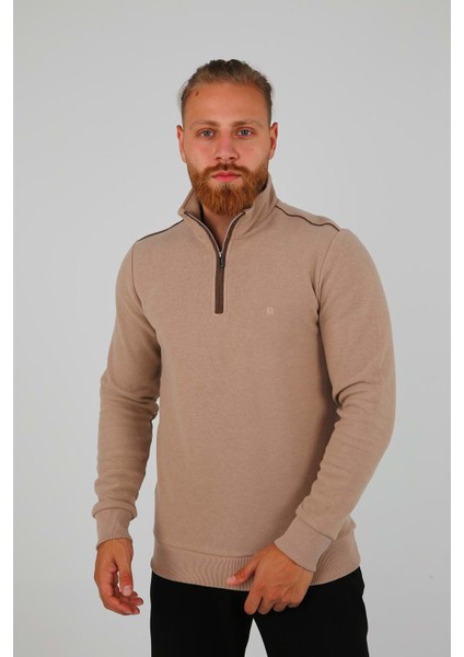 Erkek Dik Yaka Yarım Fermuarlı Selanik Bej Sweatshirt
