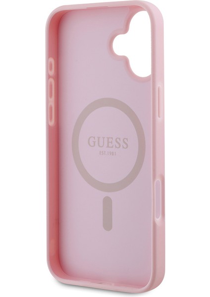 iPhone 16 Plus Kılıf Guess Orjinal Lisanslı Magsafe Şarj Özellikli Yazı Logolu Grained Kapak Pembe