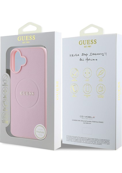 iPhone 16 Plus Kılıf Guess Orjinal Lisanslı Magsafe Şarj Özellikli Yazı Logolu Grained Kapak Pembe