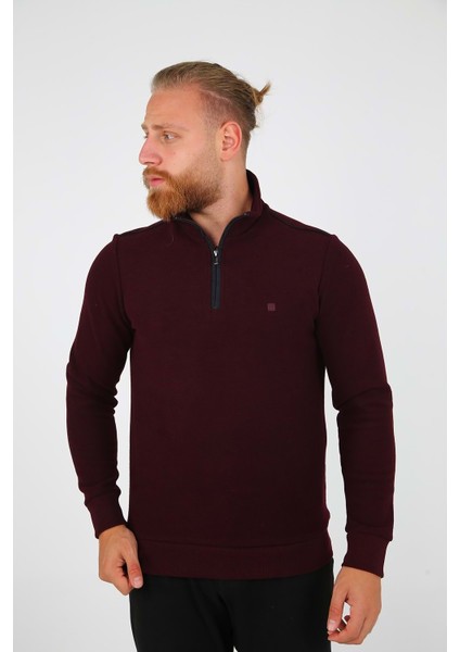 Erkek Dik Yaka Yarım Fermuarlı Selanik Bordo Sweatshirt