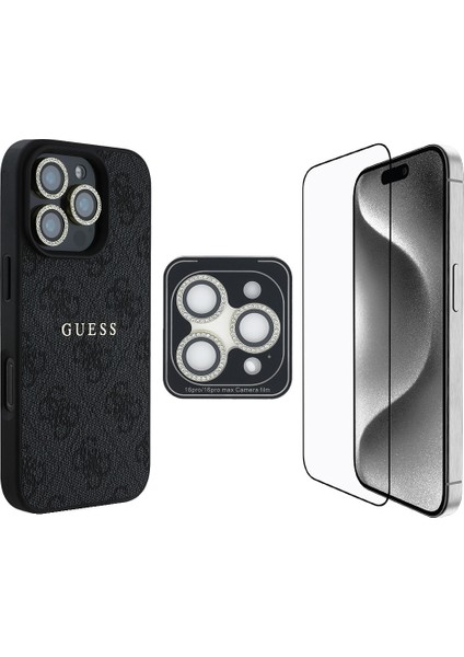 iPhone 16 Pro Guess Orjinal Lisanslı Kılıf + Ekran Koruyucu + Lens Koruyucu 3in1 Aksesuar Seti Siyah