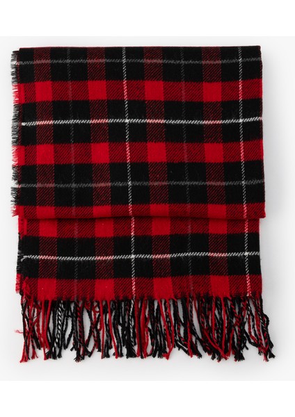 Kadın Uzun Atkı Püskül Detaylı Ekoseli Kırmızı ve Siyah Desen ile Şık Görünüm