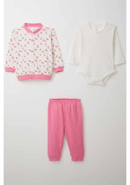 Kız Bebek Zıbınlı 3 Lü Takım Çiçek Desenli 4 Ay-1 Yaş, Beyaz