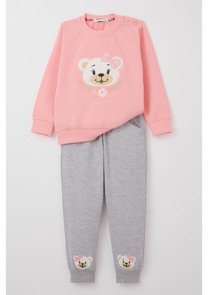 Kız Bebek Eşofman Takımı Sevimli Ayıcık Nakışlı Pembe 9 Ay-3 Yaş Arası