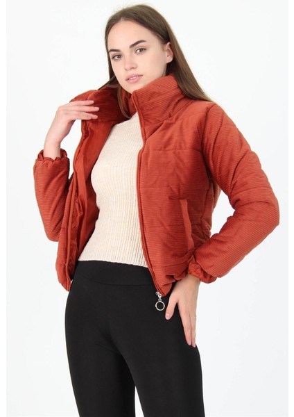 Dipmoda Kadın Yüksek Yaka Fermuar Detaylı Cepli Kışlık Kadife Mont DP7154