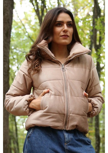 Dipmoda Kadın Yüksek Yaka Fermuar Detaylı Cepli Kışlık Kadife Mont DP7154