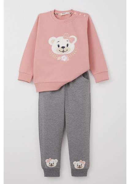 Kız Bebek Eşofman Takımı Sevimli Ayıcık Nakışlı Gülkurusu 9 Ay-3 Yaş