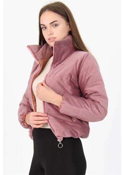 Dipmoda Kadın Yüksek Yaka Fermuar Detaylı Cepli Kışlık Kadife Mont DP7154