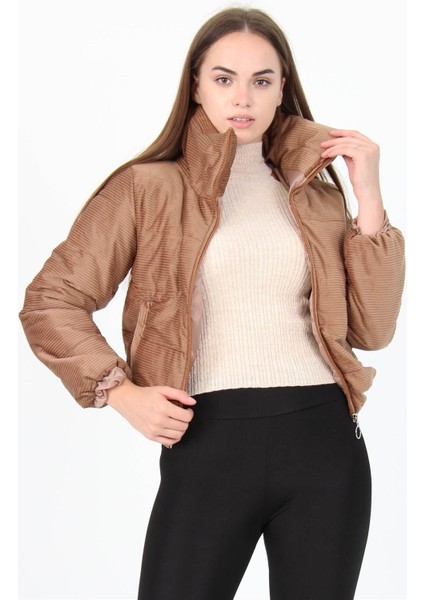 Dipmoda Kadın Yüksek Yaka Fermuar Detaylı Cepli Kışlık Kadife Mont DP7154