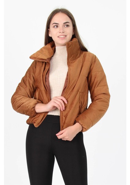 Dipmoda Kadın Yüksek Yaka Fermuar Detaylı Cepli Kışlık Kadife Mont DP7154