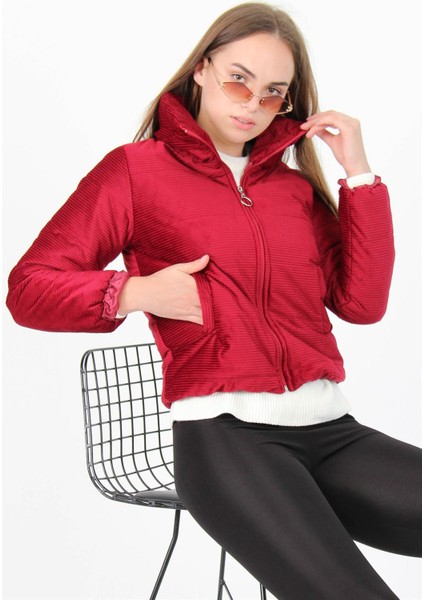 Dipmoda Kadın Yüksek Yaka Fermuar Detaylı Cepli Kışlık Kadife Mont DP7154