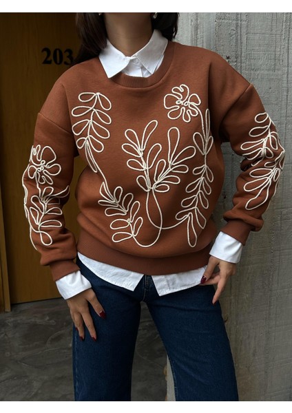 Kahverengi Nakışlı Kısa Sweatshirt 26071 fiyatları