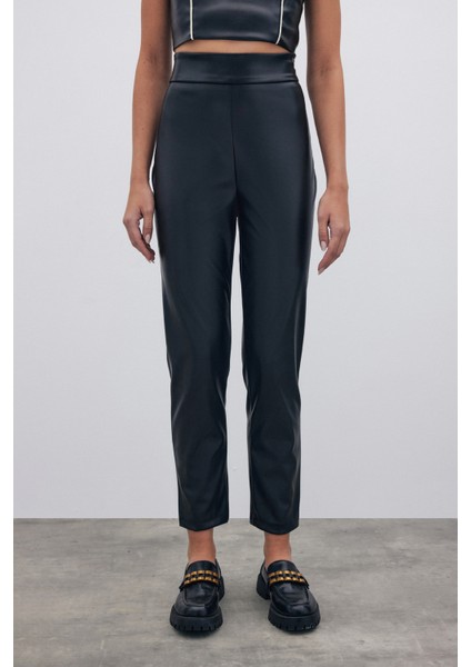 Yüksek Bel Deri Pantolon - Siyah indirimleri