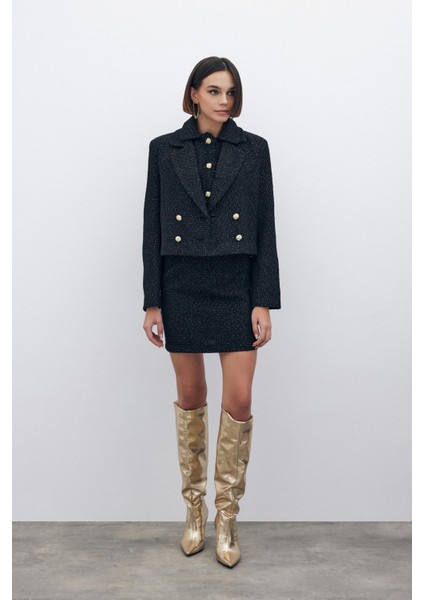 Simli Kısa Tüvit Ceket - Siyah