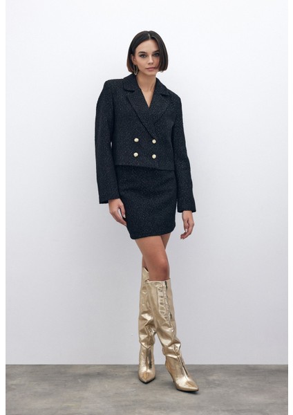 Simli Kısa Tüvit Ceket - Siyah indirimleri