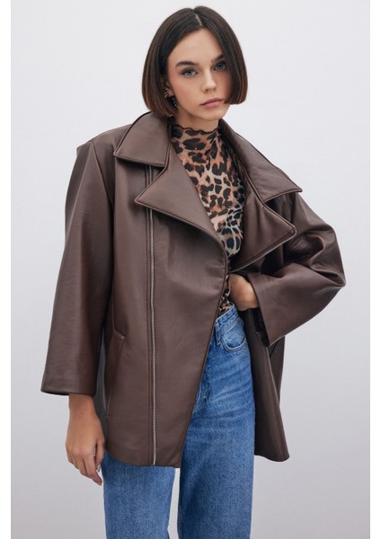 Oversize Deri Ceket - Kahve