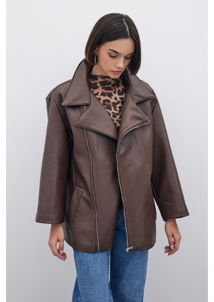Oversize Deri Ceket - Kahve fiyatları