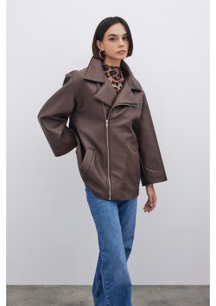 Oversize Deri Ceket - Kahve fırsatları
