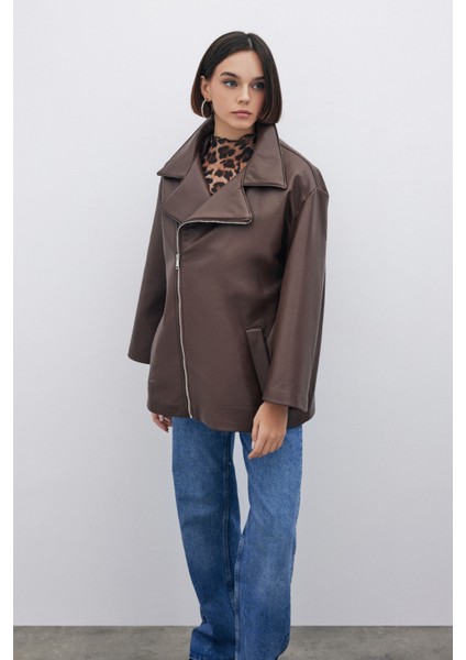 Oversize Deri Ceket - Kahve indirimleri