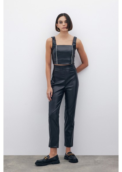 Yüksek Bel Deri Pantolon - Siyah