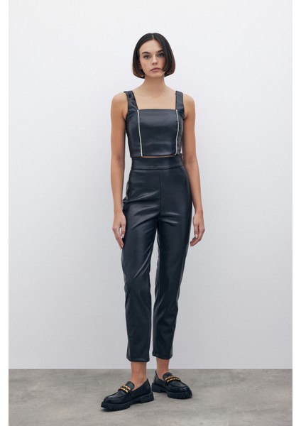 Yüksek Bel Deri Pantolon - Siyah fiyatları