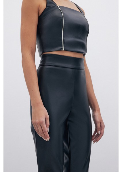Yüksek Bel Deri Pantolon - Siyah fırsatları
