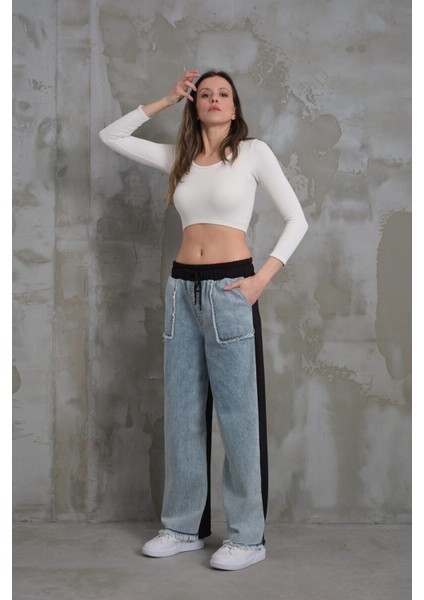 Polopass 021 Kadın Püskül Cepli Bol Paça Penye Kot Denim Pantolon
