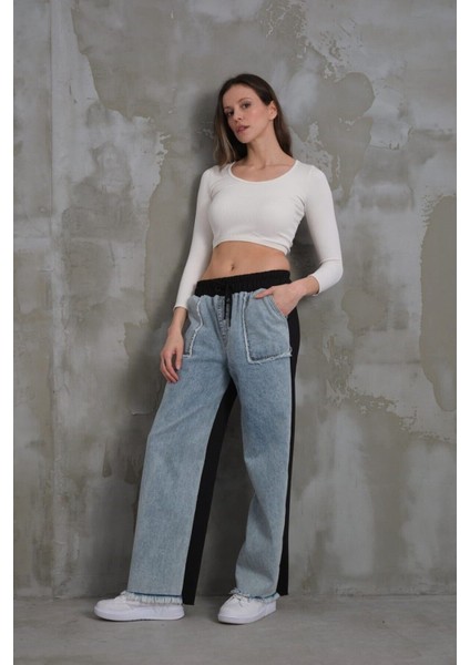 Polopass 021 Kadın Püskül Cepli Bol Paça Penye Kot Denim Pantolon modelleri