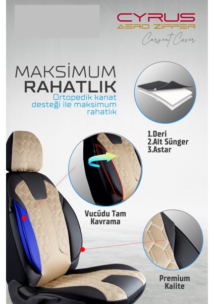 citroen C1 Uyumlu Deri Detaylı Oto Koltuk Kılıfı Ön Arka Set Cyrus Model Bej Siyah Sc