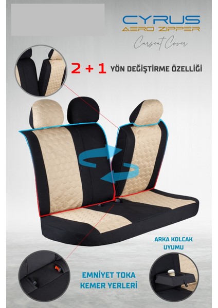 Fiat Egea Stw Uyumlu Deri Detaylı Oto Koltuk Kılıfı Ön Arka Set Cyrus Model Bej Siyah Sc