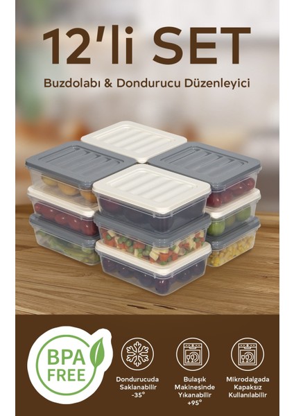 12'li Renkli Buzdolabı Düzenleyici Buzluk ve Mikrodalga Saklama Kabı 12X600 ml