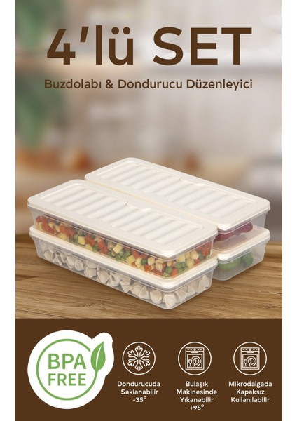 4'lü Set 1170 ml Buzdolabı Düzenleyici Buzluk ve Mikrodalga Saklama Kabı