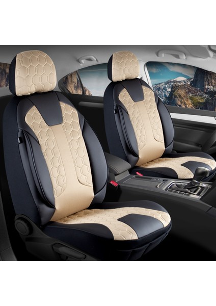 fiat Linea Uyumlu Deri Detaylı Oto Koltuk Kılıfı Ön Arka Set Cyrus Model Bej Siyah Sc